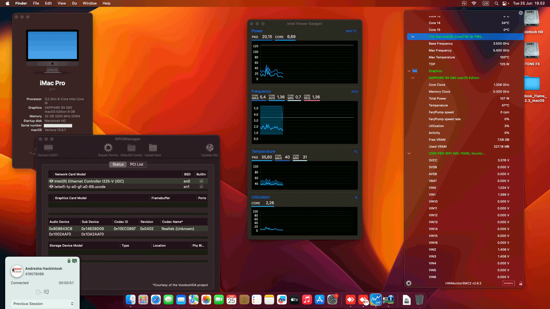 Success Hackintosh macOS Ventura 13.6.7 Build 22G720 in MSI Z590 PRO Wifi + Intel Core i9 11900F + Sapphire RX 580